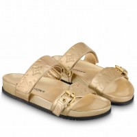 Louis Vuitton Bom Dia Comfort Mules In Gold Metallic Leather Louis Vuitton Bom Dia Comfort Mules In Gold Metallic Leather
