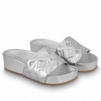 Louis Vuitton Jumbo Flatform Mules In Silver Metallic Lambskin