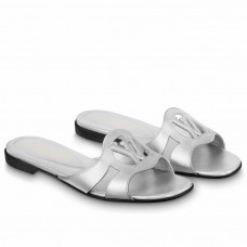 Louis Vuitton LV Isola Flat Slides In Silver Metallic Leather Louis Vuitton LV Isola Flat Slides In Silver Metallic Leather
