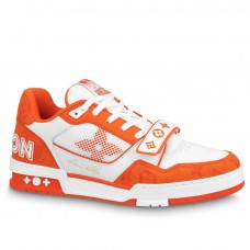 Louis Vuitton Men's LV Trainer Sneakers In Orange Denim with Mesh Louis Vuitton Men's LV Trainer Sneakers In Orange Denim with Mesh