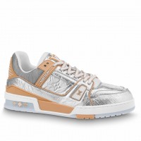 Louis Vuitton Men's LV Trainer Sneakers In Silver Metallic Calfskin Louis Vuitton Men's LV Trainer Sneakers In Silver Metallic Calfskin