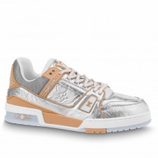 Louis Vuitton Men's LV Trainer Sneakers In Silver Metallic Calfskin Louis Vuitton Men's LV Trainer Sneakers In Silver Metallic Calfskin