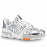 Louis Vuitton Men's LV Trainer Sneakers In Silver Metallic Leather