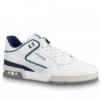 Louis Vuitton Men's LV Trainer Sneakers In White/Blue Leather Louis Vuitton Men's LV Trainer Sneakers In White/Blue Leather