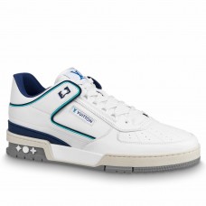 Louis Vuitton Men's LV Trainer Sneakers In White/Blue Leather Louis Vuitton Men's LV Trainer Sneakers In White/Blue Leather