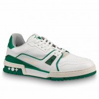 Louis Vuitton Men's LV Trainer Sneakers In White/Green Leather Louis Vuitton Men's LV Trainer Sneakers In White/Green Leather
