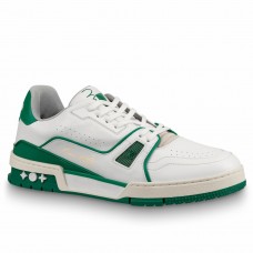 Louis Vuitton Men's LV Trainer Sneakers In White/Green Leather Louis Vuitton Men's LV Trainer Sneakers In White/Green Leather