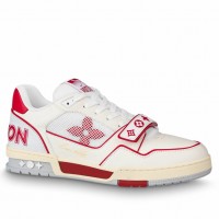 Louis Vuitton Men's LV Trainer Sneakers In White/Red Calfskin