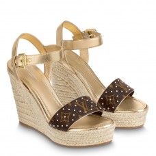 Louis Vuitton Starboard Wedge Sandals in Lambskin and Monogram Canvas